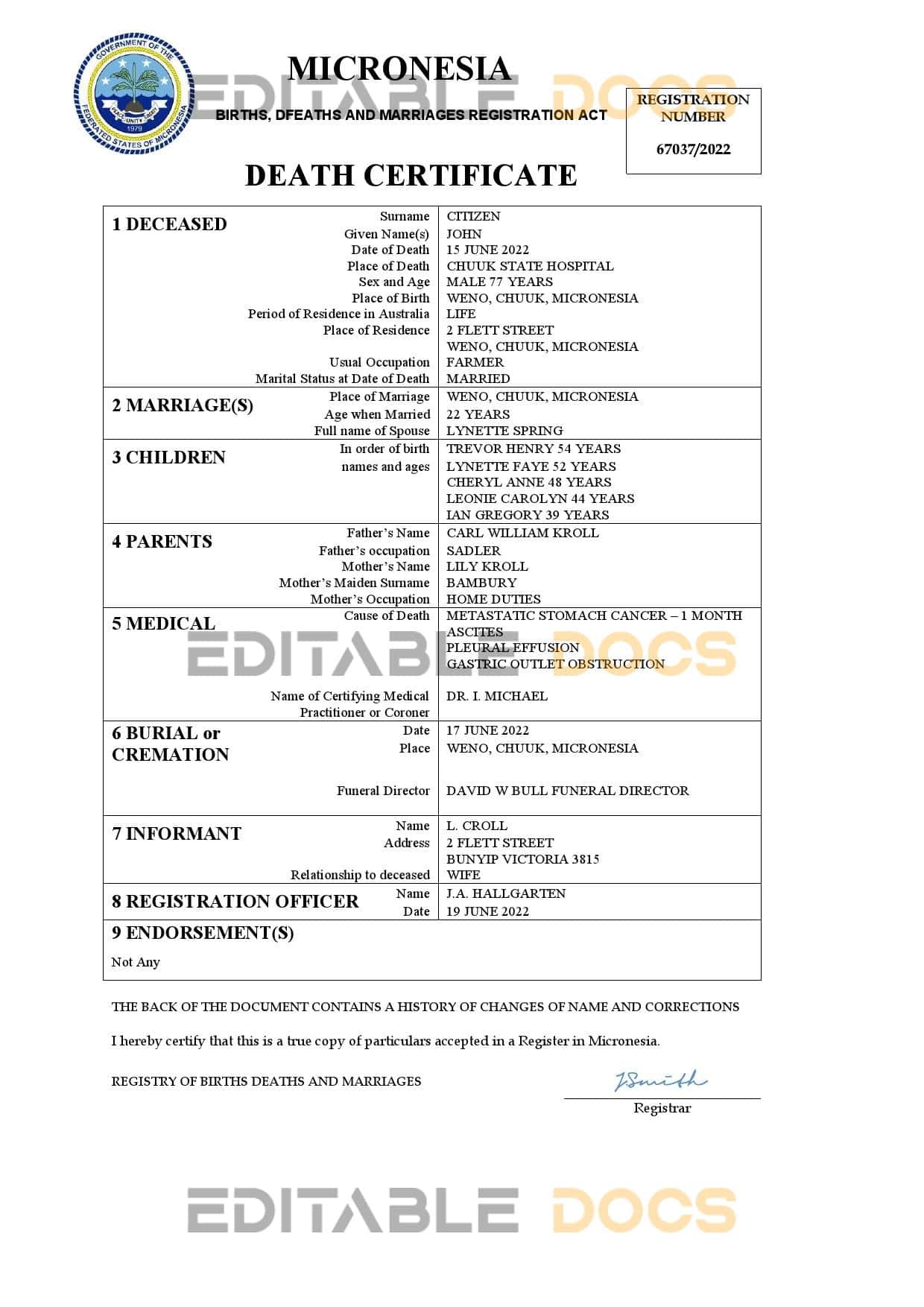Micronesia vital record death certificate Word and PDF template
