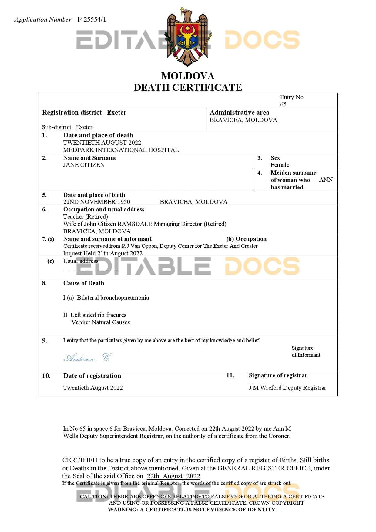Moldova death certificate Word and PDF template