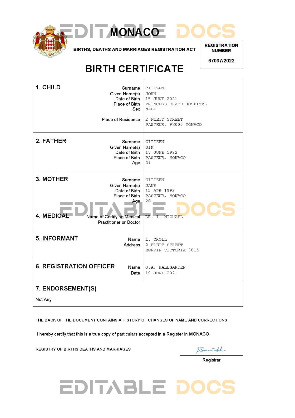 Monaco vital record birth certificate Word and PDF template