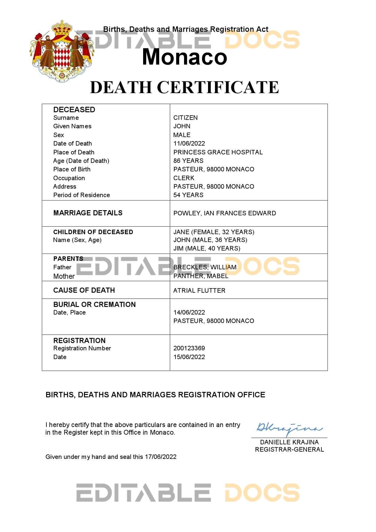 Monaco vital record death certificate Word and PDF template