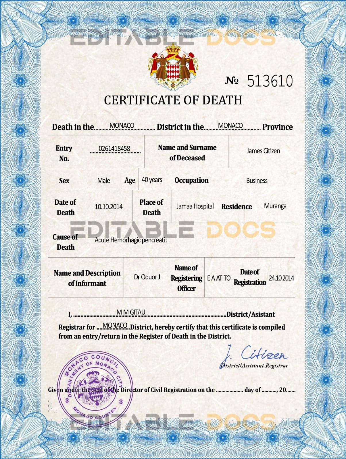 Monaco vital record death certificate PSD template Monaco vital record death certificate PSD template