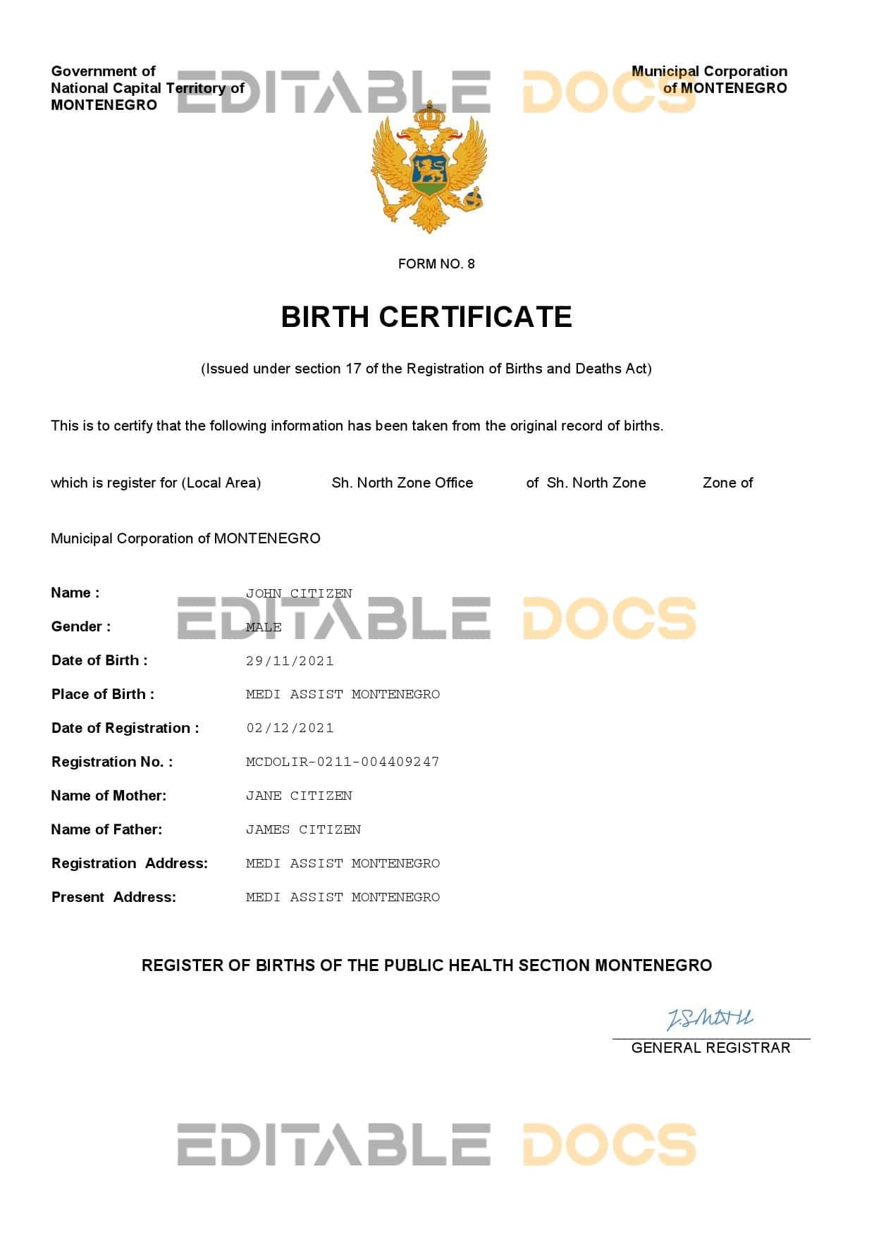 Montenegro birth certificate Word and PDF template