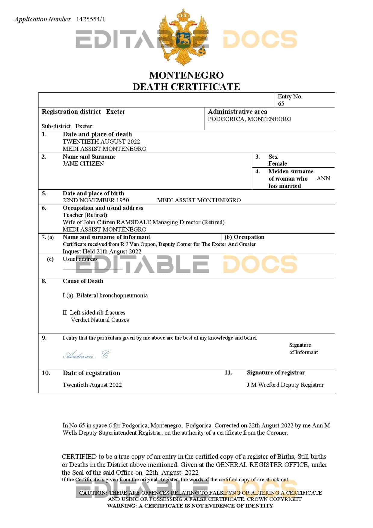 Montenegro death certificate Word and PDF template