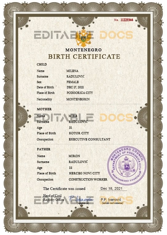 Montenegro vital record birth certificate PSD template Montenegro vital record birth certificate PSD template