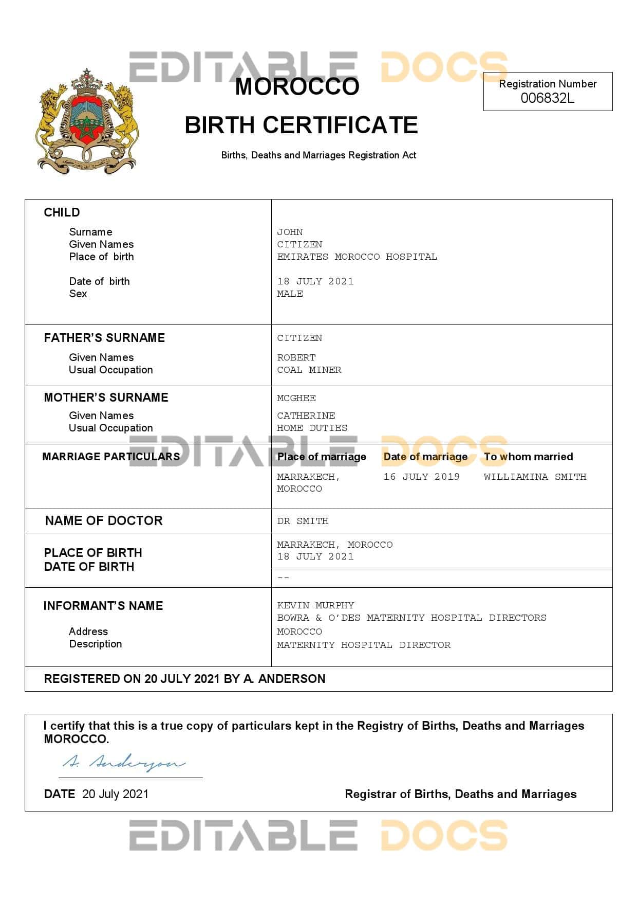 Morocco-birth-certificate.jpg Morocco vital record birth certificate Word and PDF template