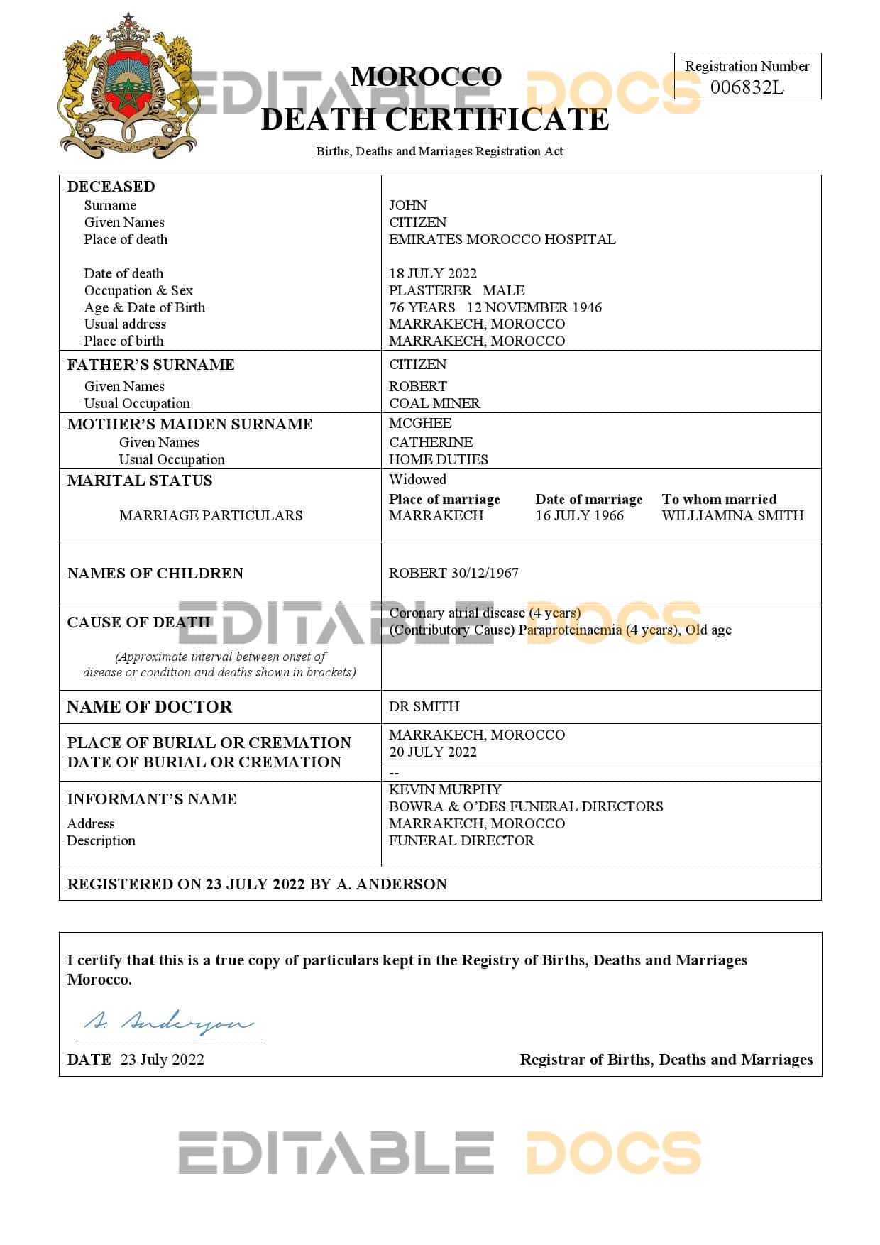 Morocco vital record death certificate Word and PDF template Morocco vital record death certificate Word and PDF template