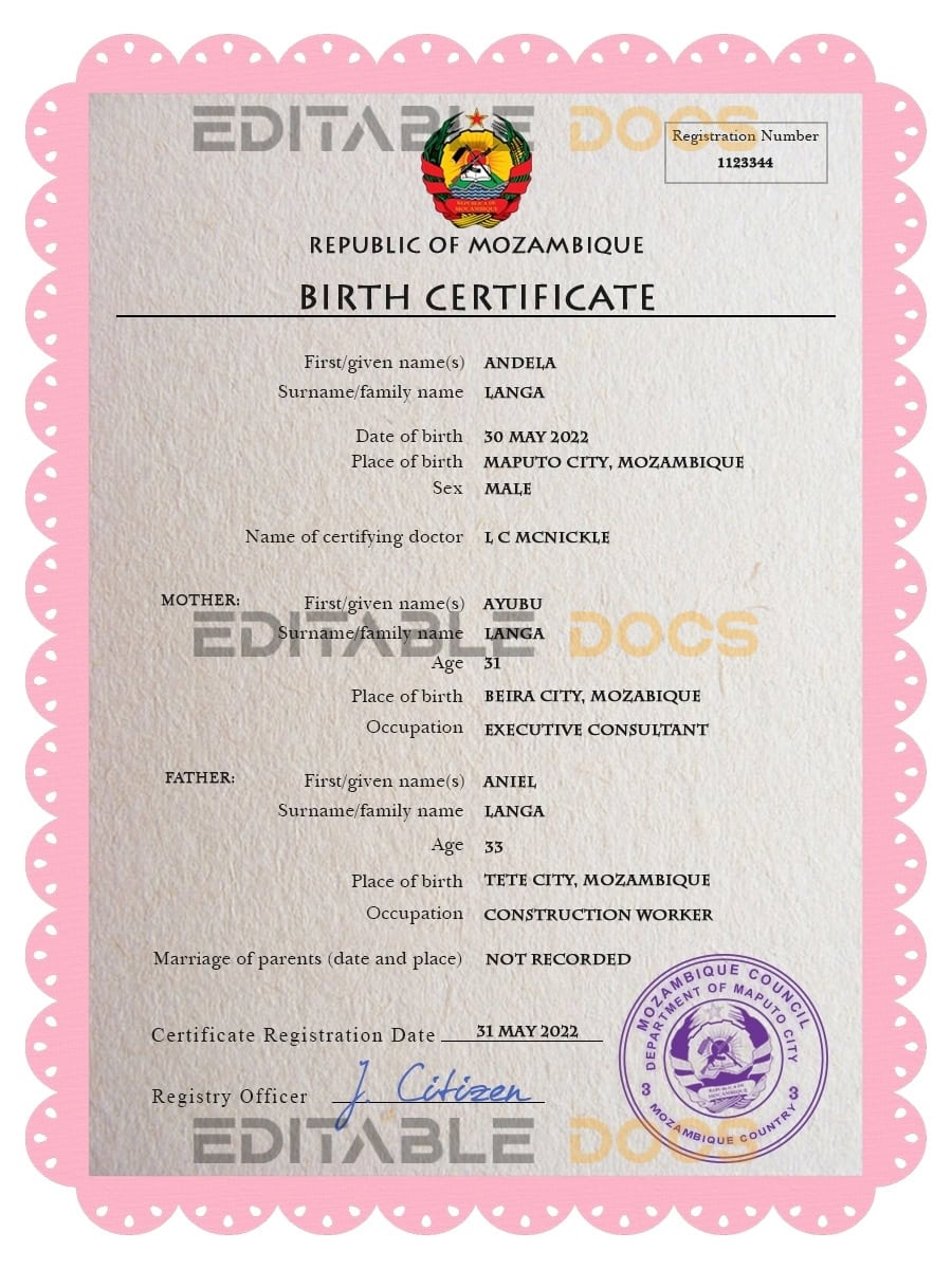 Mozambique birth certificate PSD template Authentic Mozambique Birth Certificate Template | Customize and Download Online