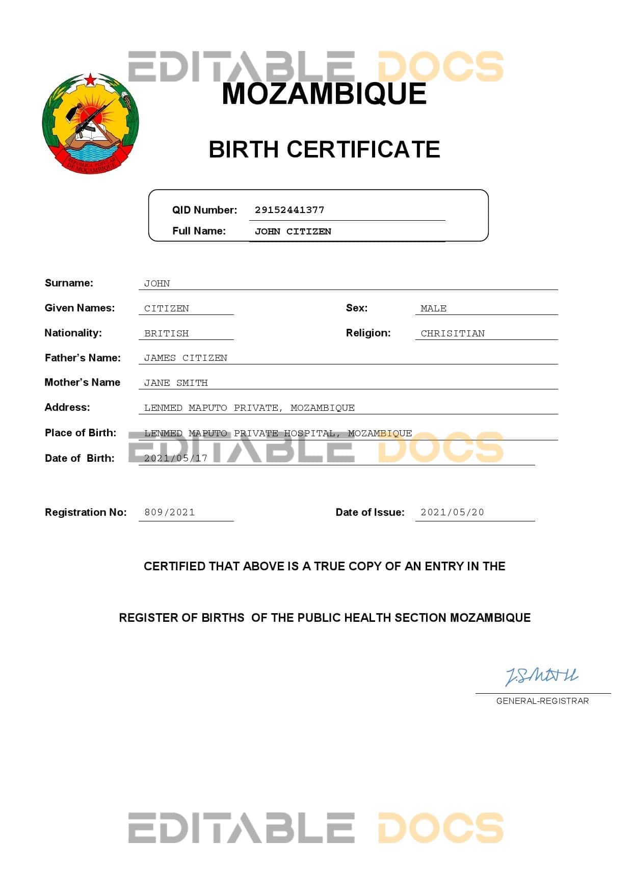 Mozambique-birth-certificate.jpg Mozambique birth certificate Word and PDF template