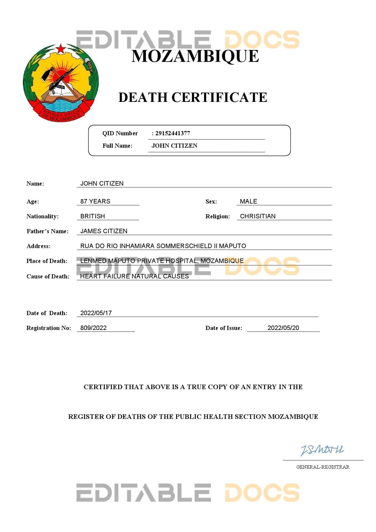 Mozambique vital record death certificate Word and PDF template Mozambique vital record death certificate Word and PDF template