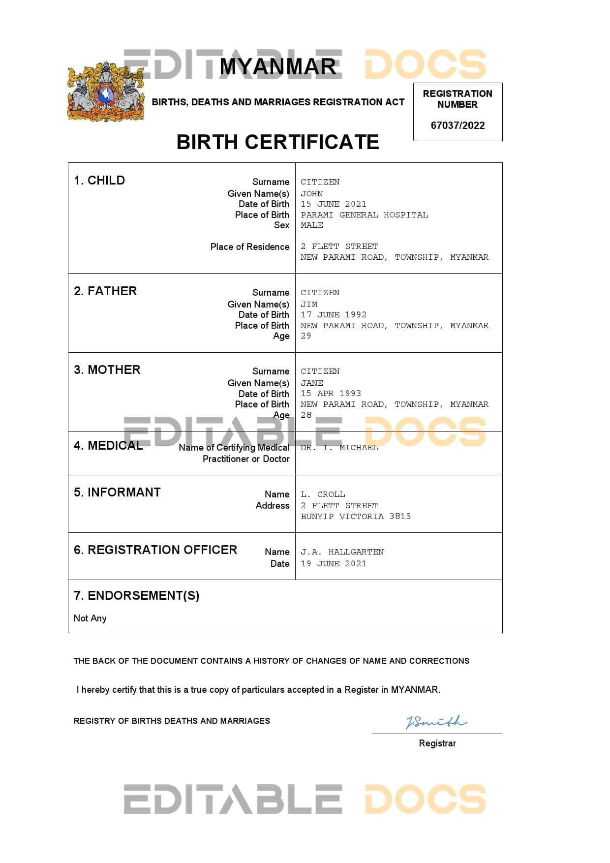 Myanmar vital record birth certificate Word and PDF template