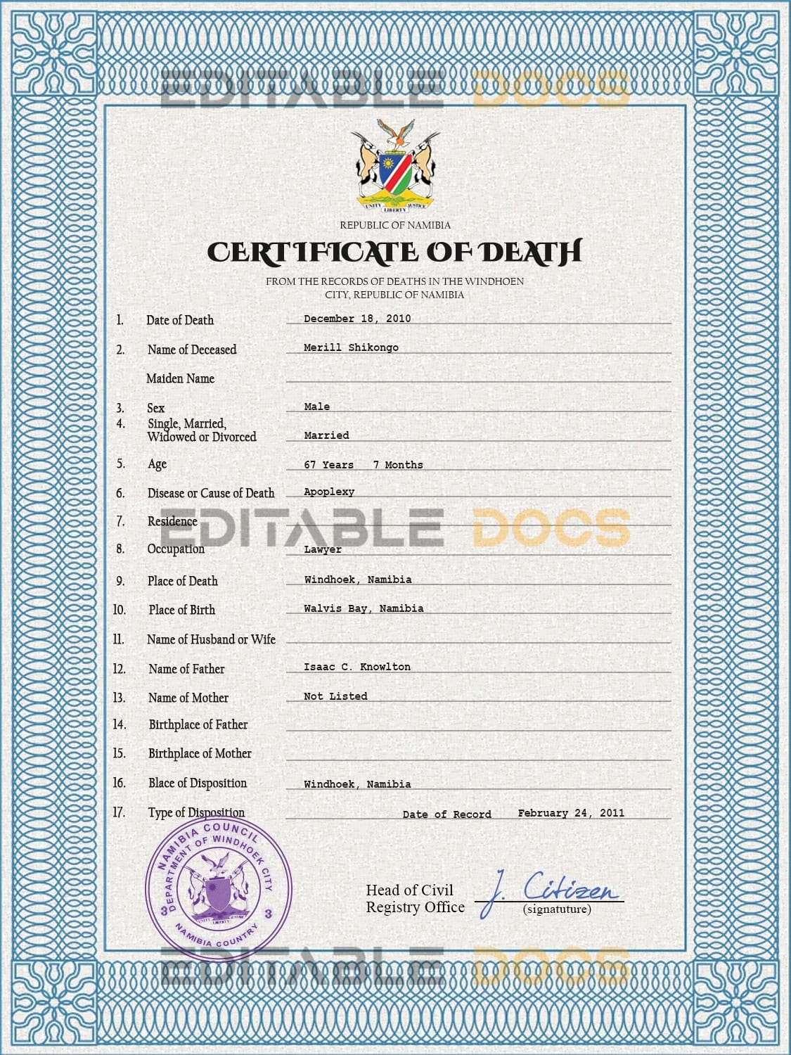 Namibia vital record death certificate PSD template Namibia vital record death certificate PSD template
