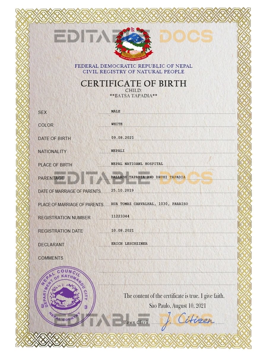 Nepal vital record birth certificate PSD template Authentic Nepal Birth Certificate Template | Customize and Download Online