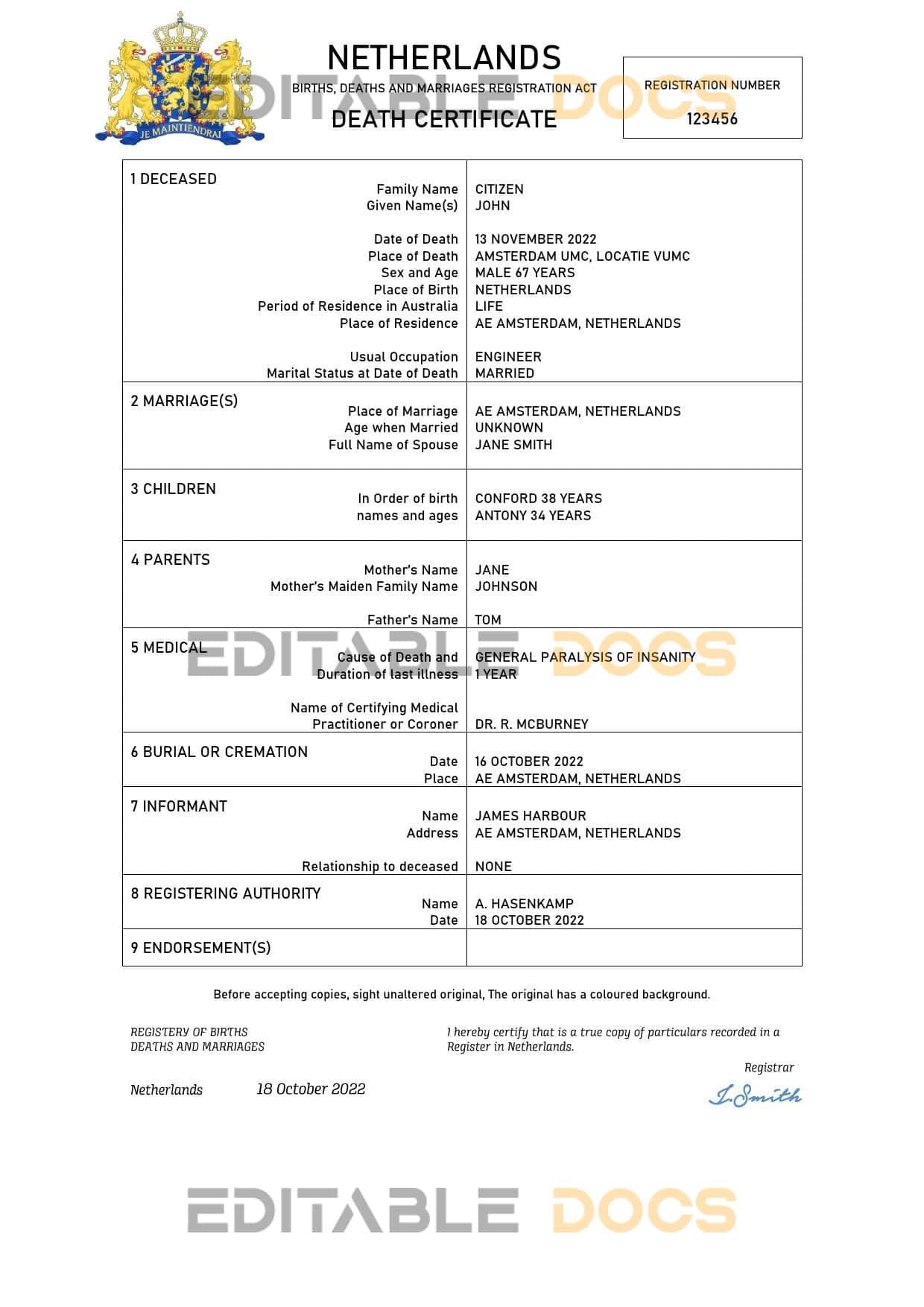 Netherlands vital record death certificate Word and PDF template