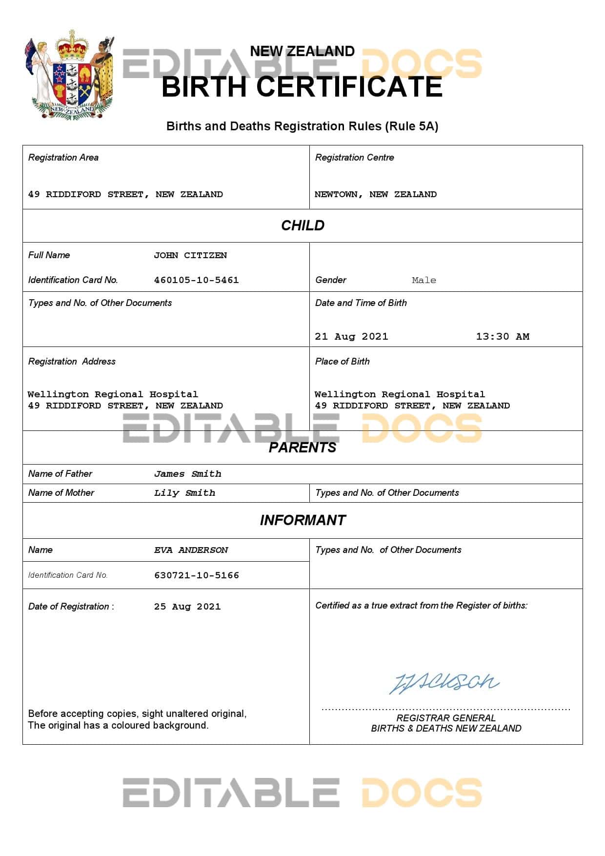 New Zealand birth certificate Word and PDF template