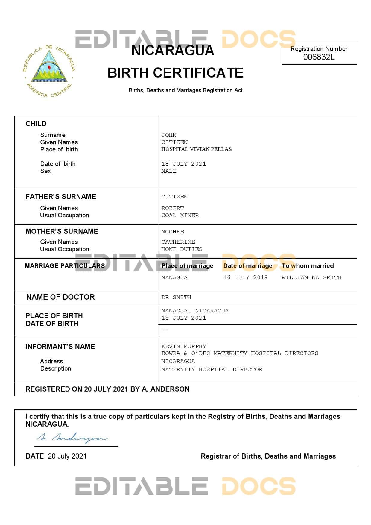Nicaragua vital record birth certificate Word and PDF template