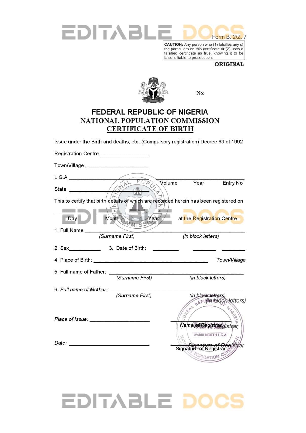 Nigeria birth certificate template in Word and PDF format Nigeria birth certificate template in Word and PDF format