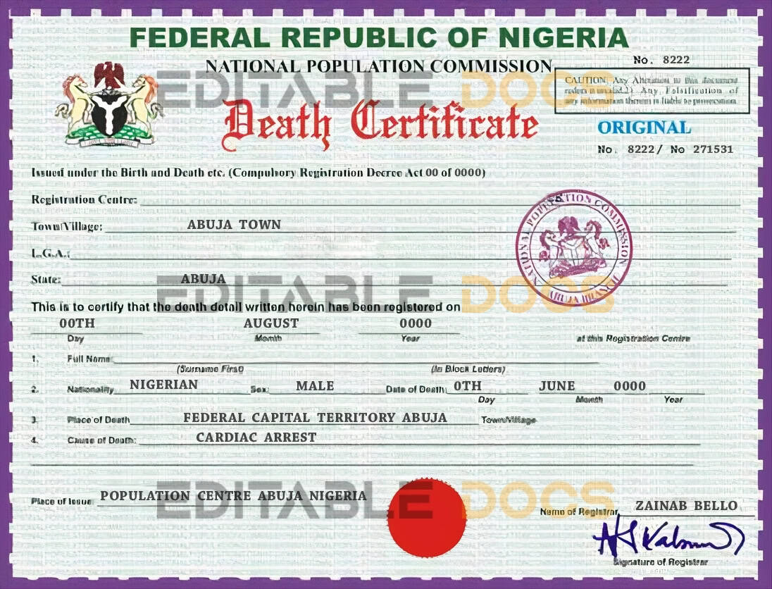 Nigeria vital record death certificate PSD template