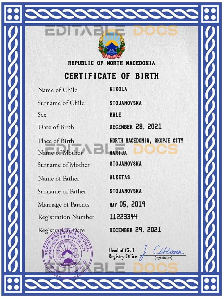 North Macedonia vital record birth certificate PSD template Authentic North Macedonia Birth Certificate Template | Customize and Download Online