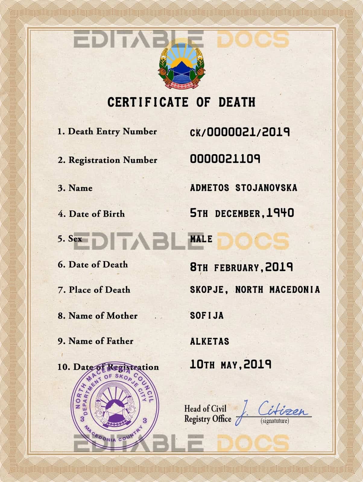 North Macedonia vital record death certificate PSD template North Macedonia vital record death certificate PSD template