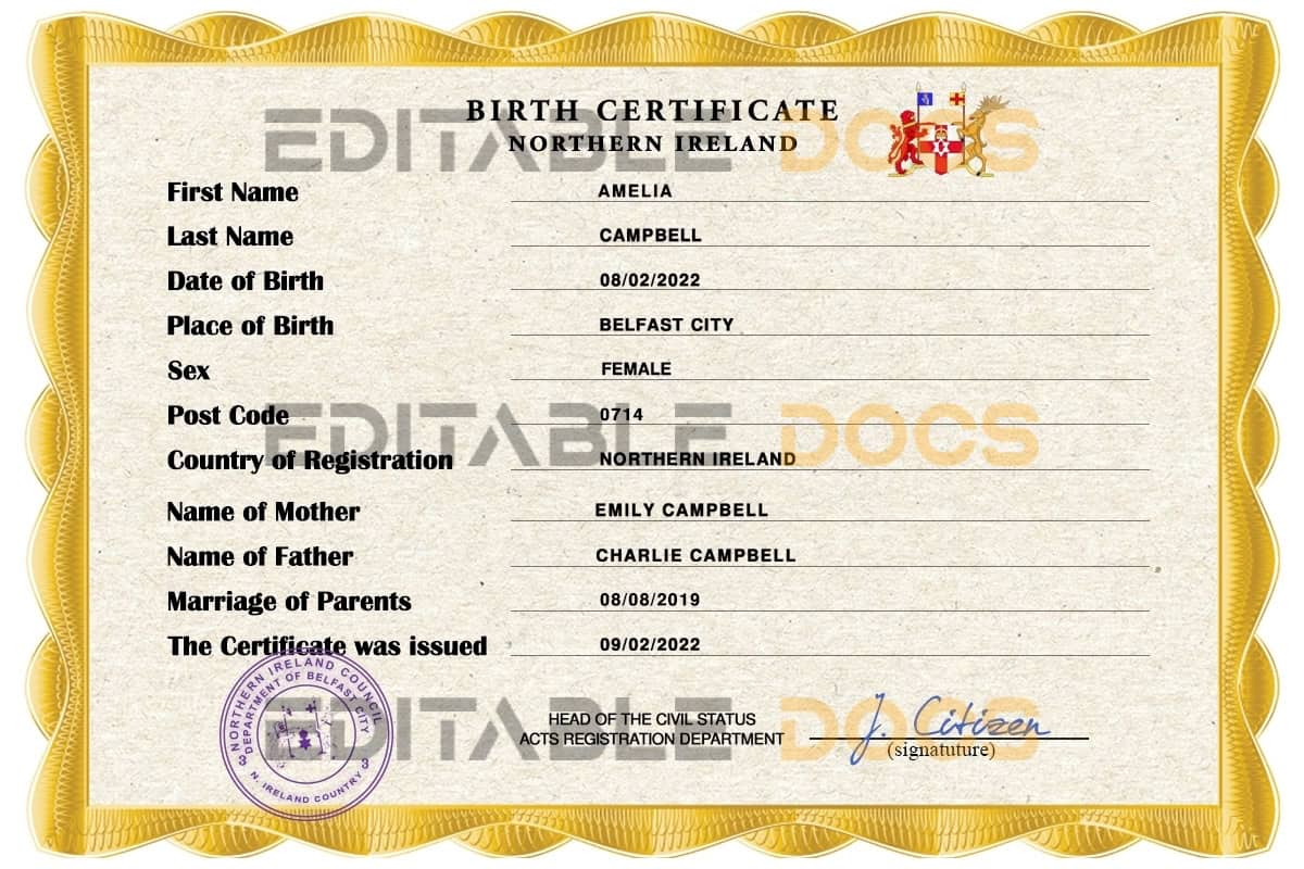 Northern Ireland vital record birth certificate PSD template Authentic Northern Ireland Birth Certificate Template | Customize and Download Online