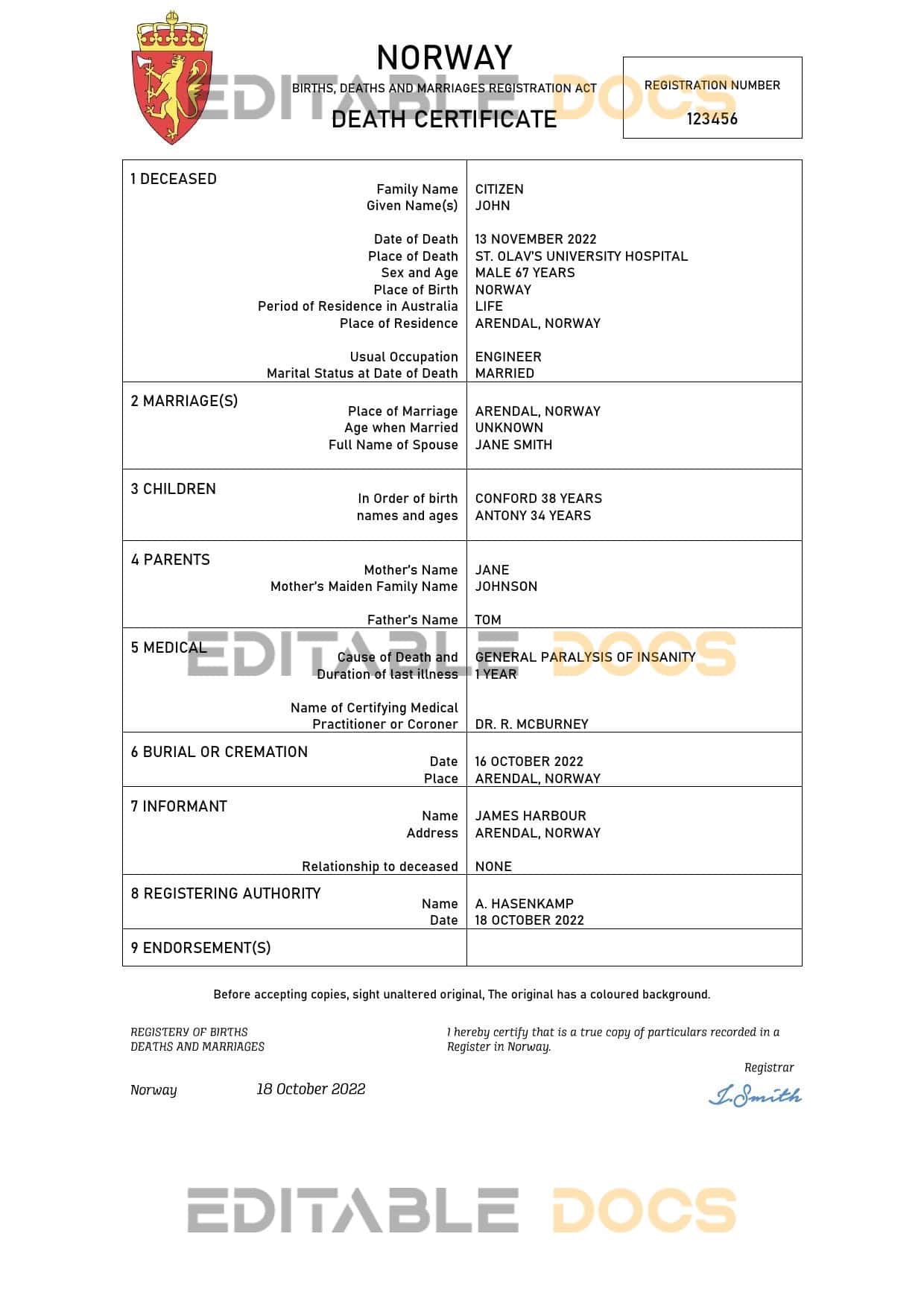 Norway vital record death certificate Word and PDF template Norway vital record death certificate Word and PDF template