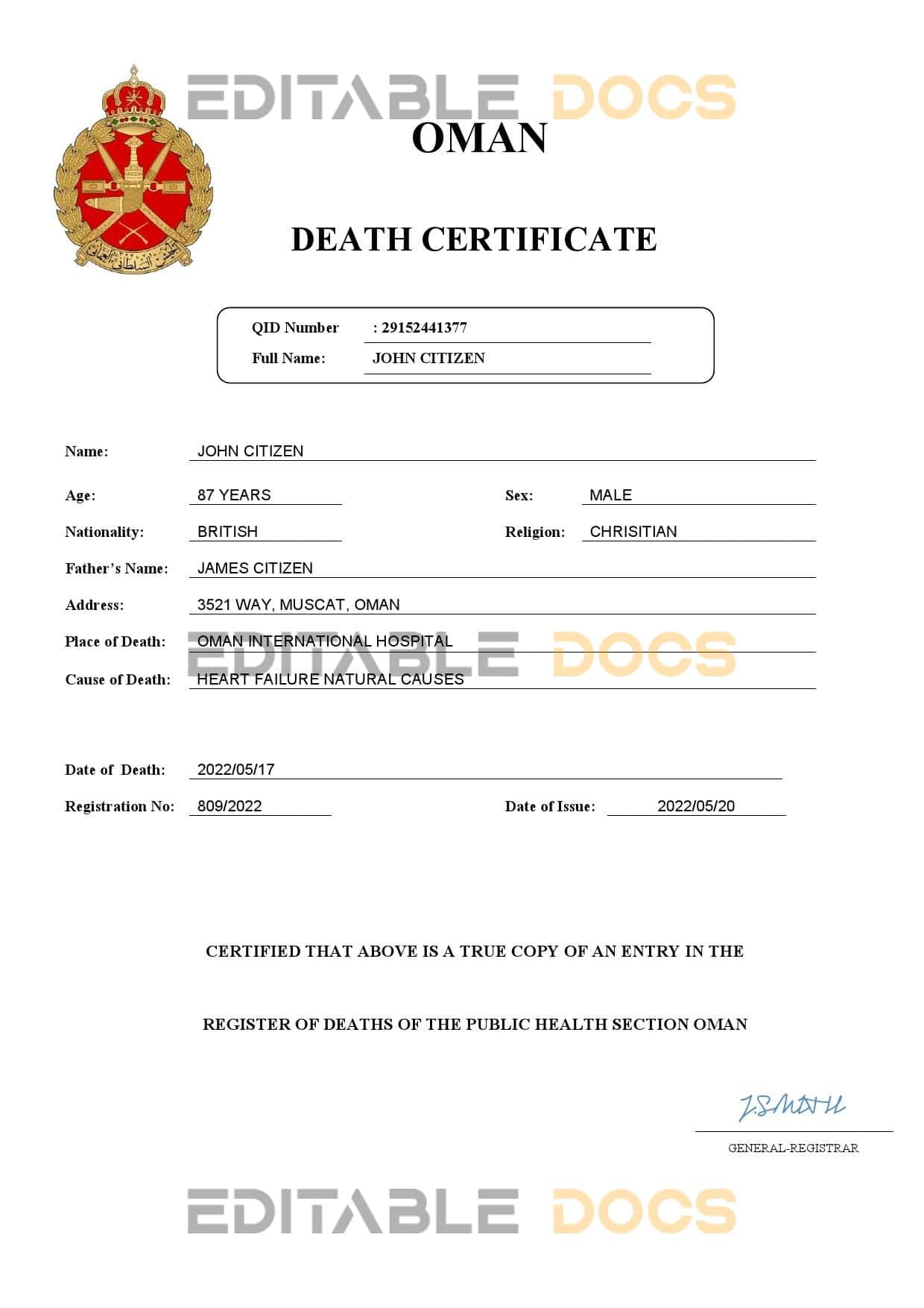 Oman vital record death certificate Word and PDF template