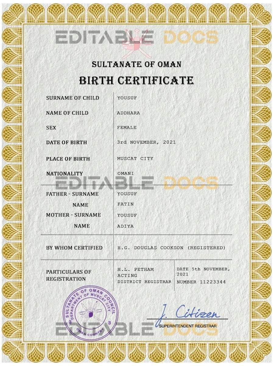 Oman vital record birth certificate PSD template Oman vital record birth certificate PSD template