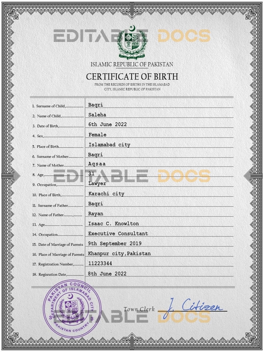 Pakistan vital record birth certificate PSD template Authentic Pakistan Birth Certificate Template | Customize and Download Online