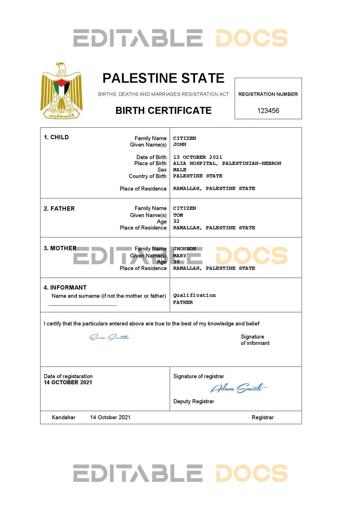 Palestine-certificate.jpg Palestine vital record birth certificate Word and PDF template