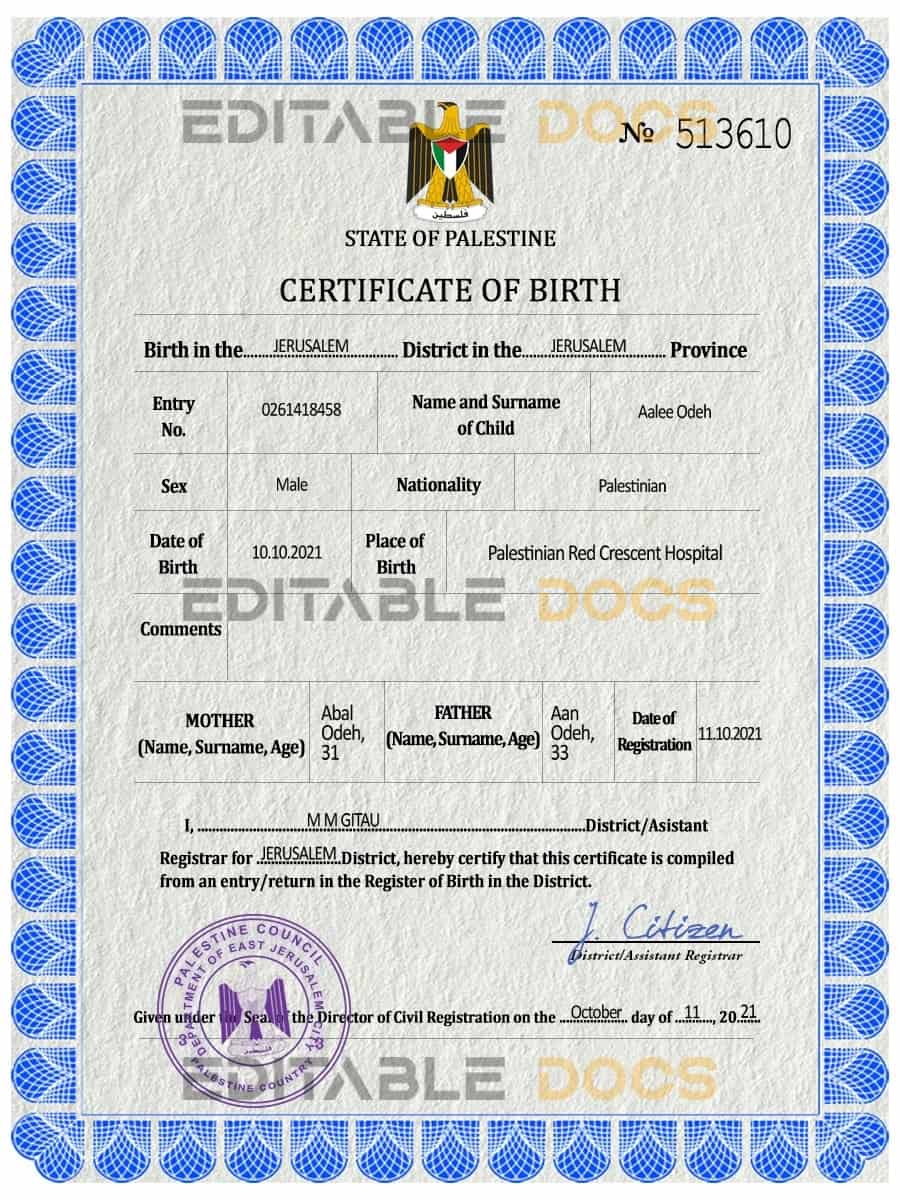 Palestine vital record birth certificate PSD template Authentic Palestine Birth Certificate Template | Customize and Download Online
