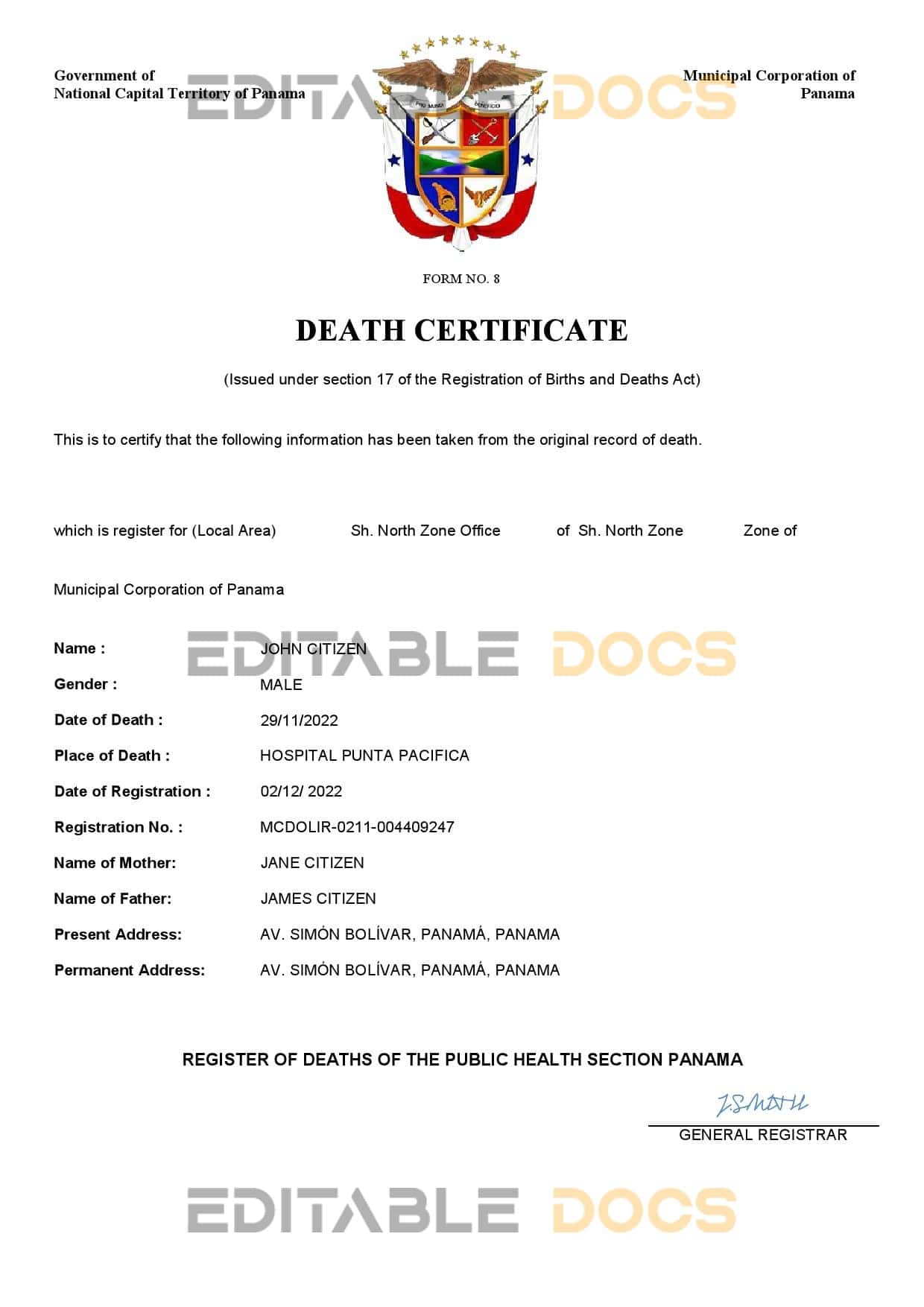 Panama death certificate Word and PDF template