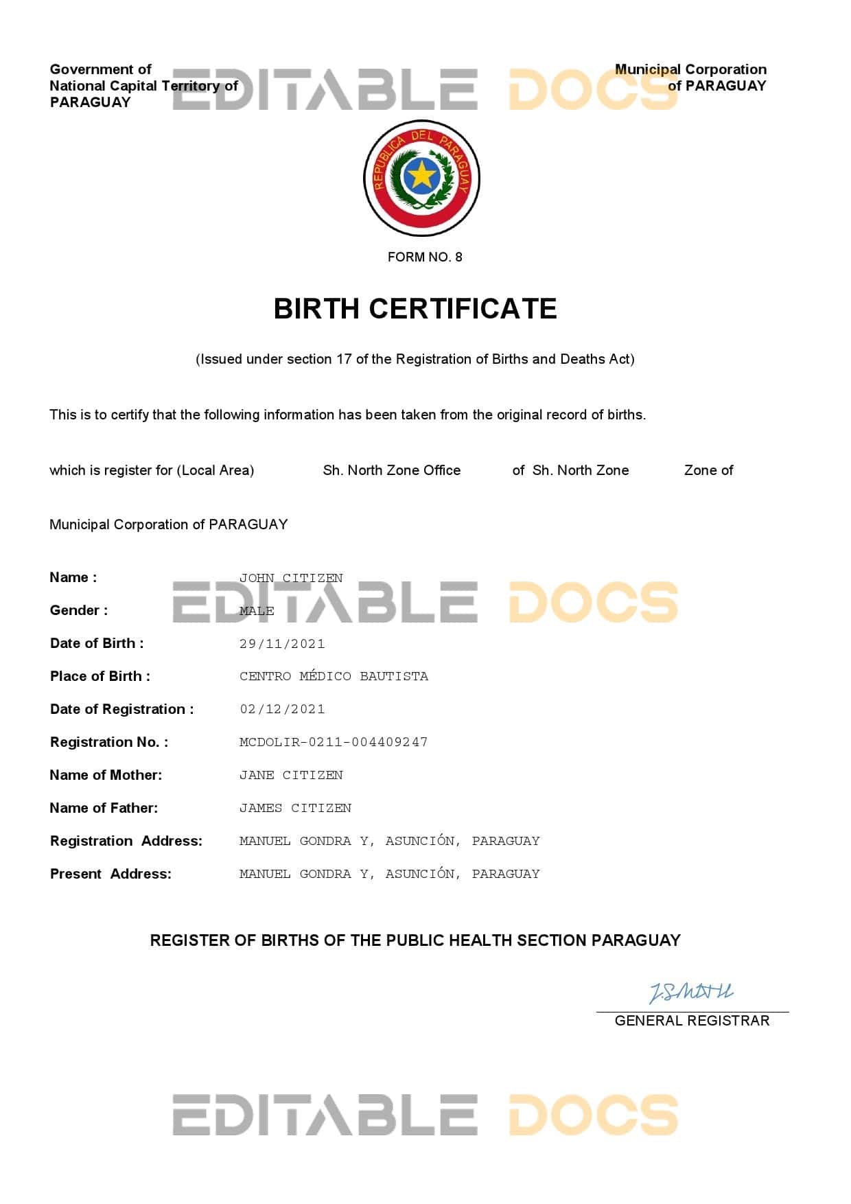 Paraguay-birth-certificate.jpg Paraguay birth certificate Word and PDF template