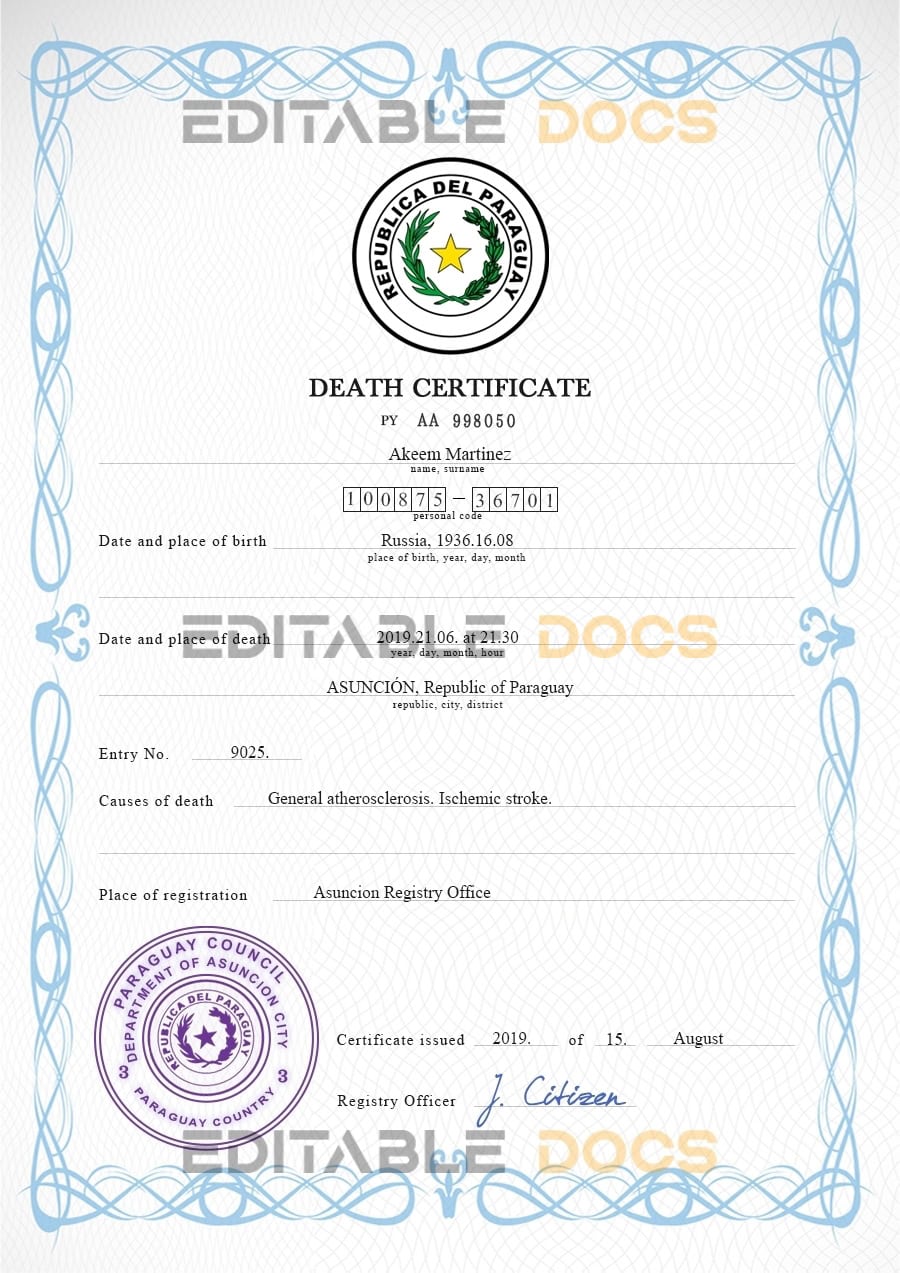 Paraguay vital record death certificate PSD template Paraguay vital record death certificate PSD template