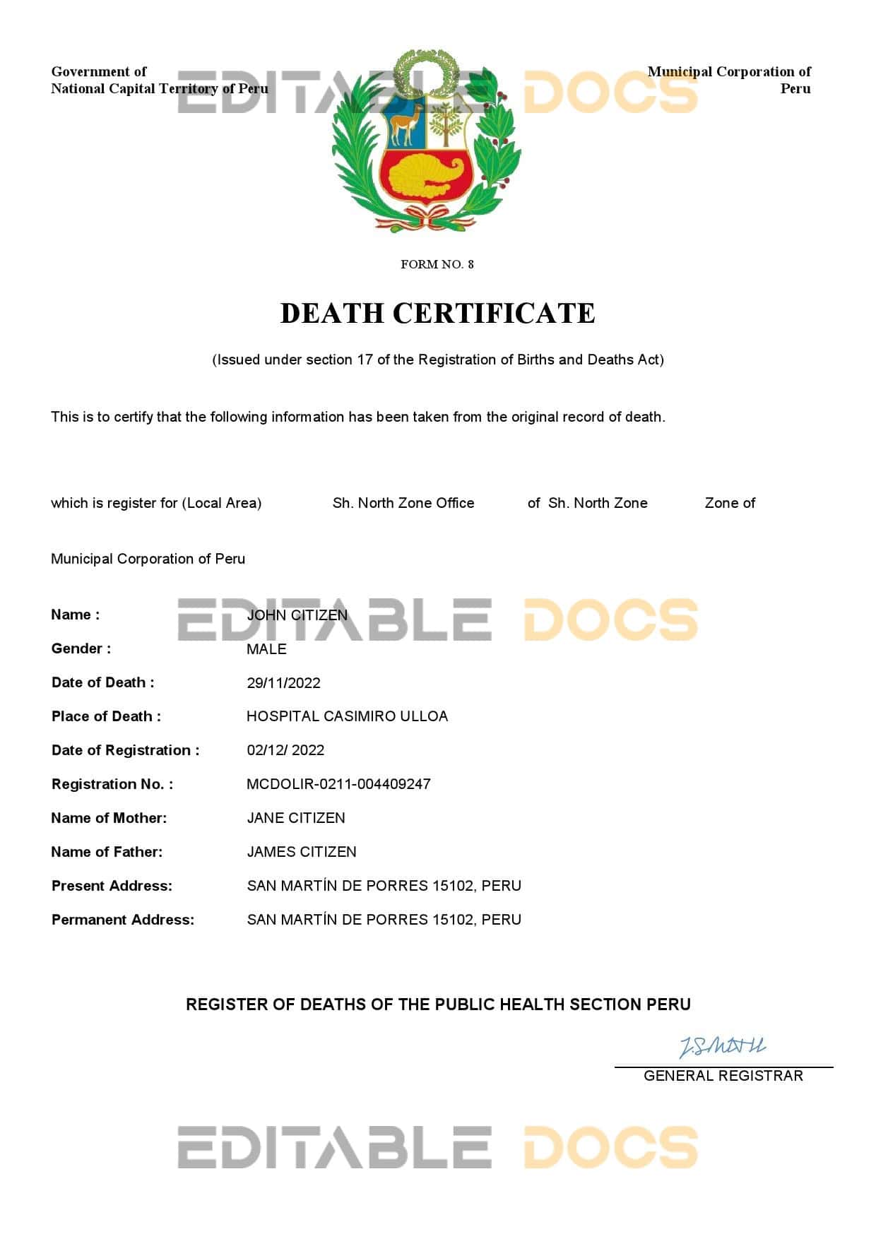 Peru vital record death certificate Word and PDF template
