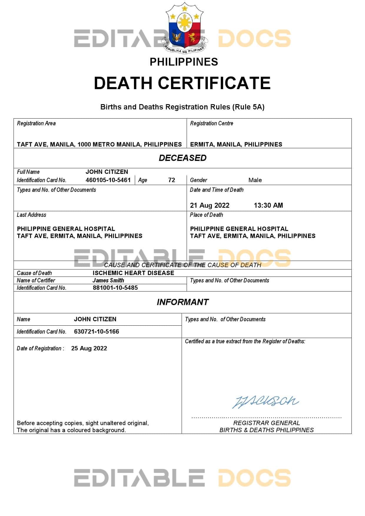 Philippines vital record death certificate Word and PDF template