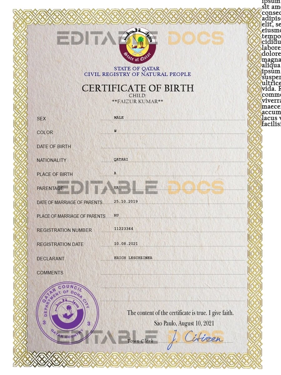 Qatar birth certificate PSD template Authentic Qatar Birth Certificate Template | Customize and Download Online