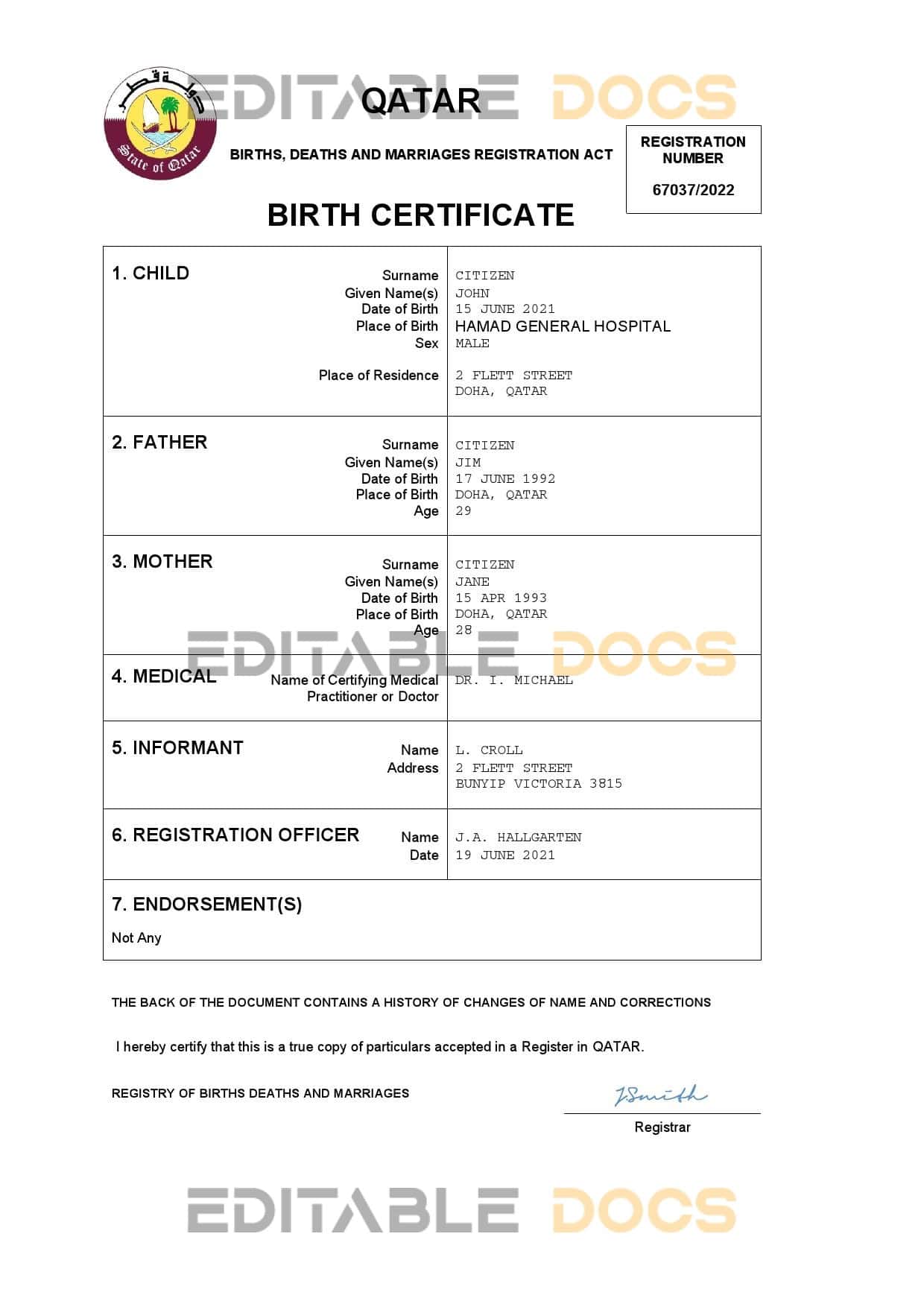 Qatar-birth-certificate.jpg Qatar vital record birth certificate Word and PDF template