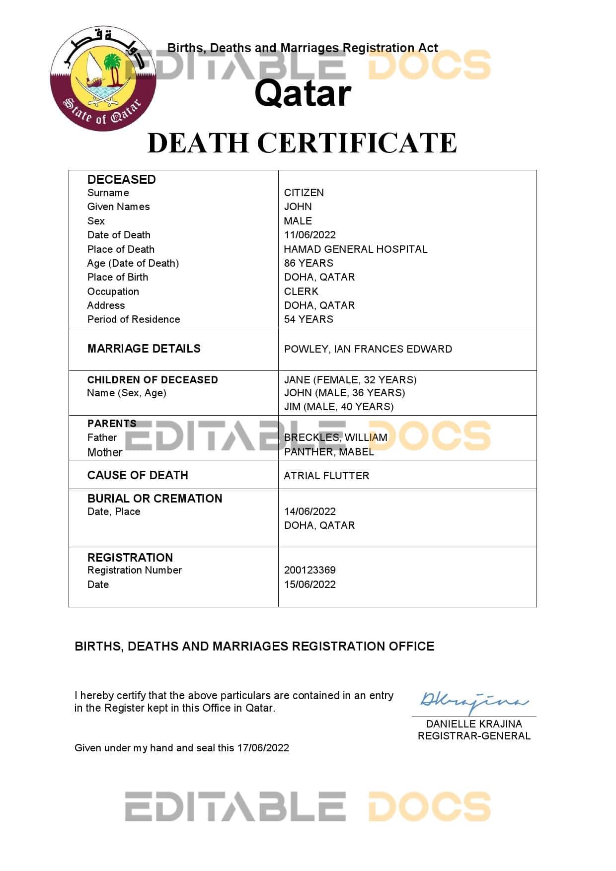Qatar vital record death certificate Word and PDF template Qatar vital record death certificate Word and PDF template
