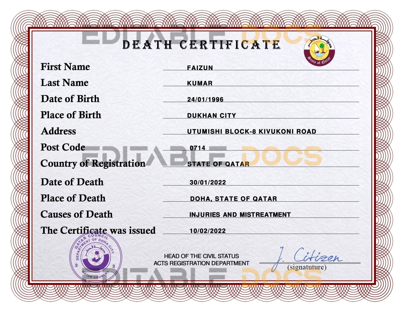 Qatar vital record death certificate PSD template Qatar vital record death certificate PSD template