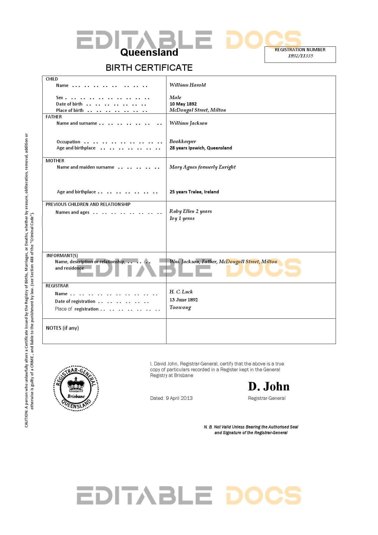 Australia Queensland birth certificate template in Word format