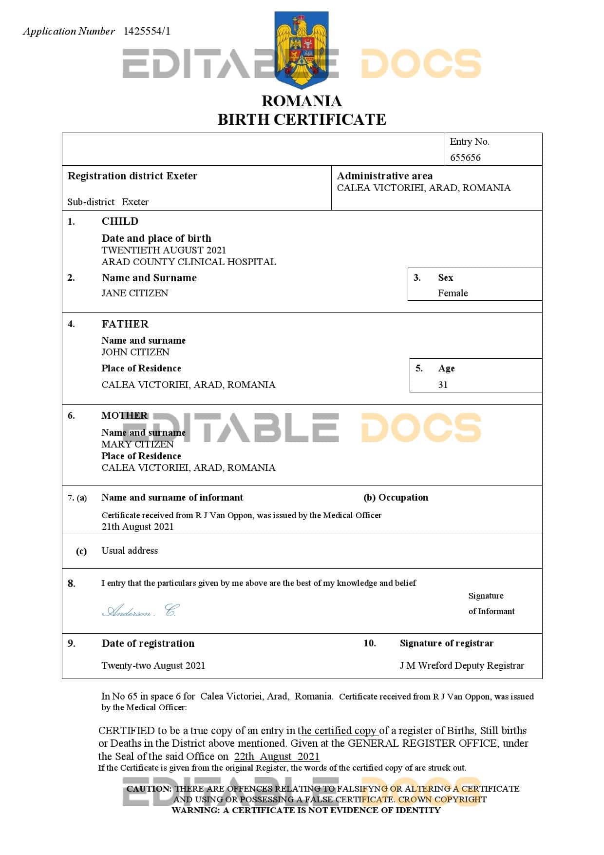 Romania-birth-certificate.jpg Romania birth certificate Word and PDF template