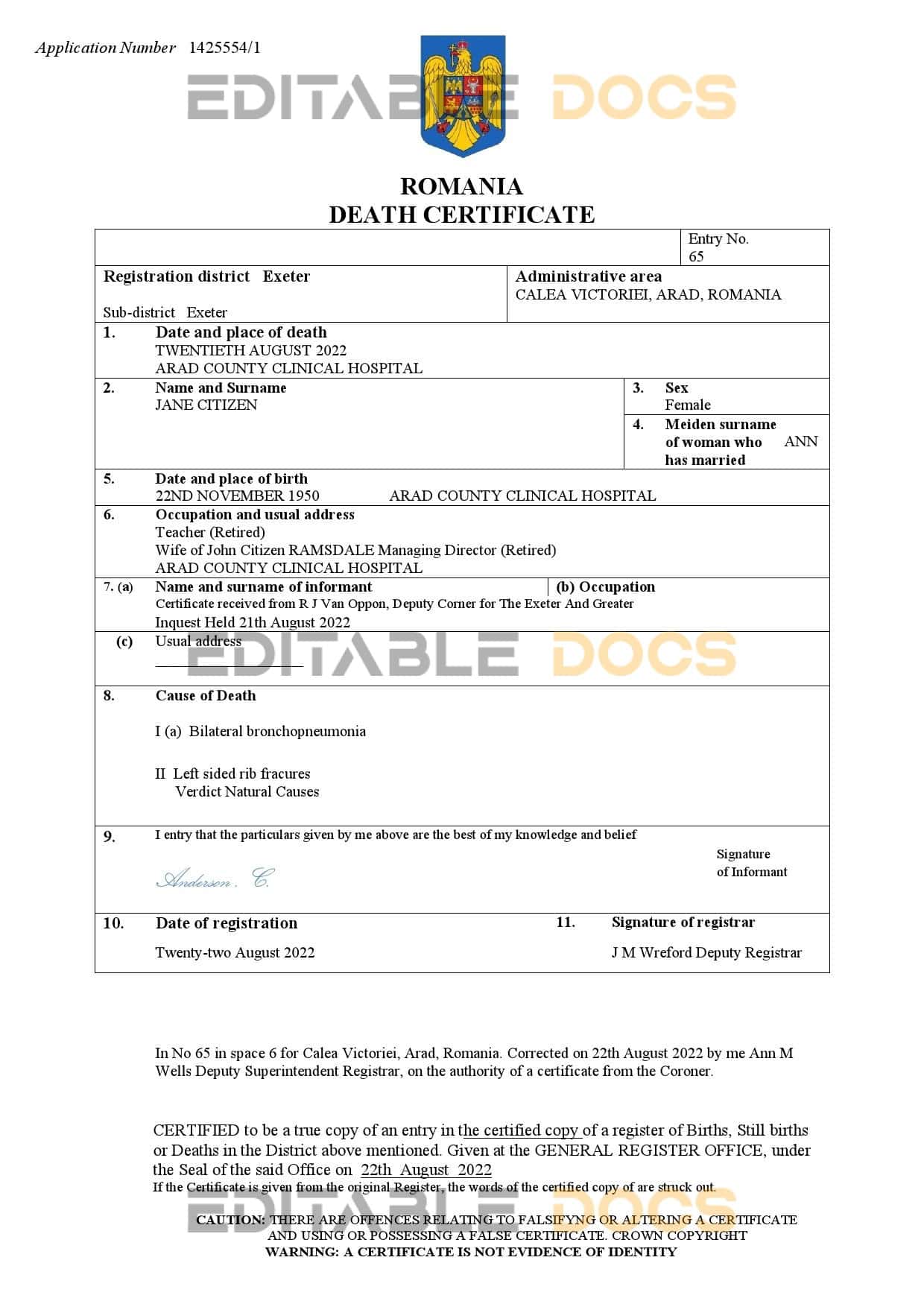 Romania vital record death certificate Word and PDF template
