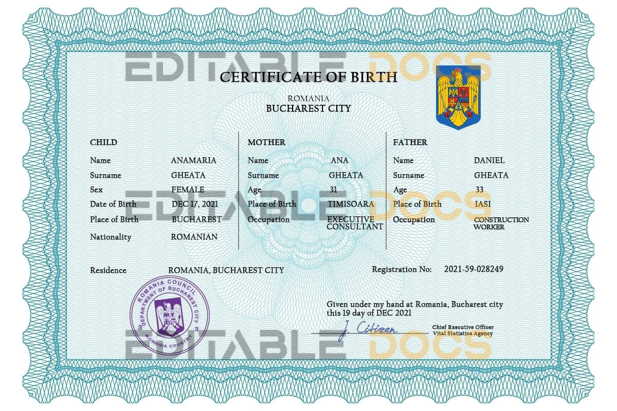 Romania vital record birth certificate PSD template Authentic Romania Birth Certificate Template | Customize and Download Online