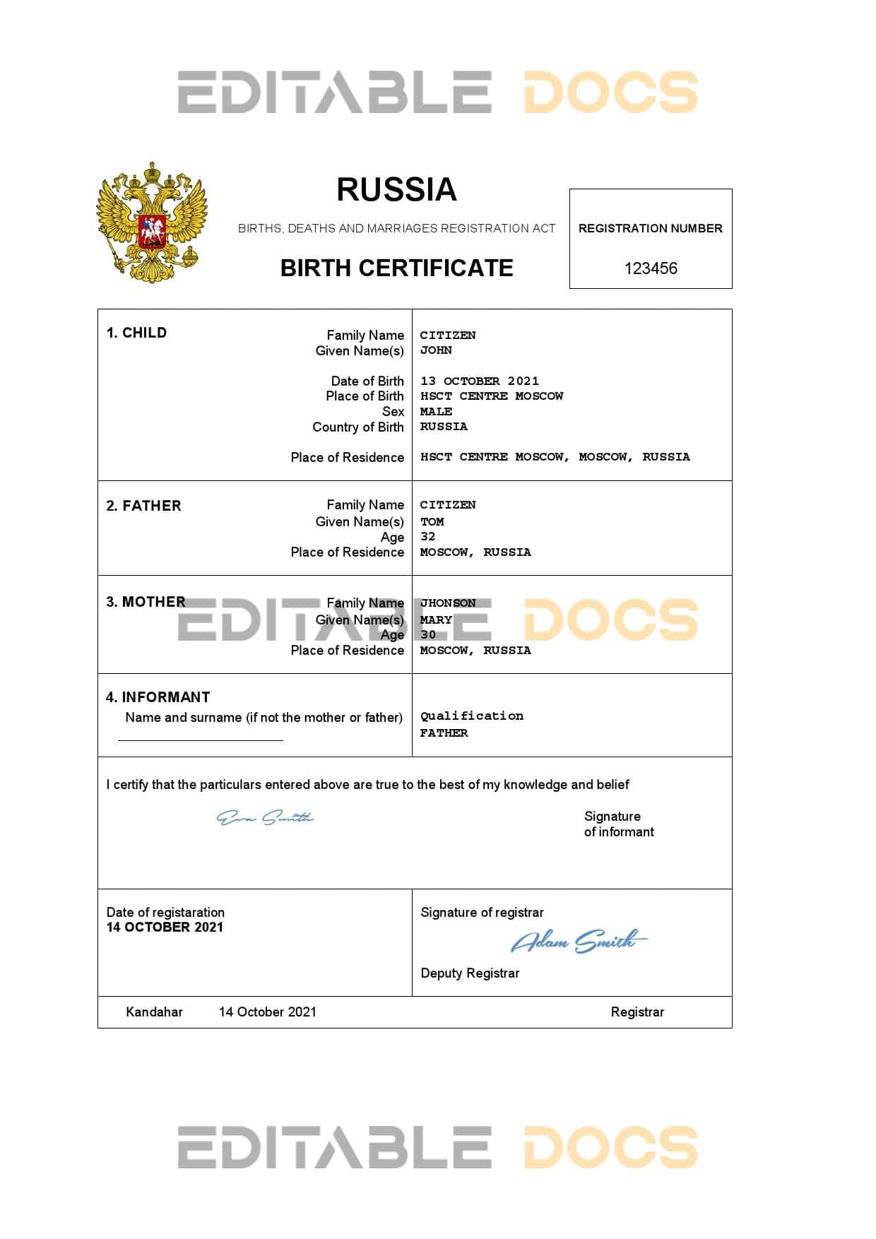 Russia-certificate.jpg Russia vital record birth certificate Word and PDF template