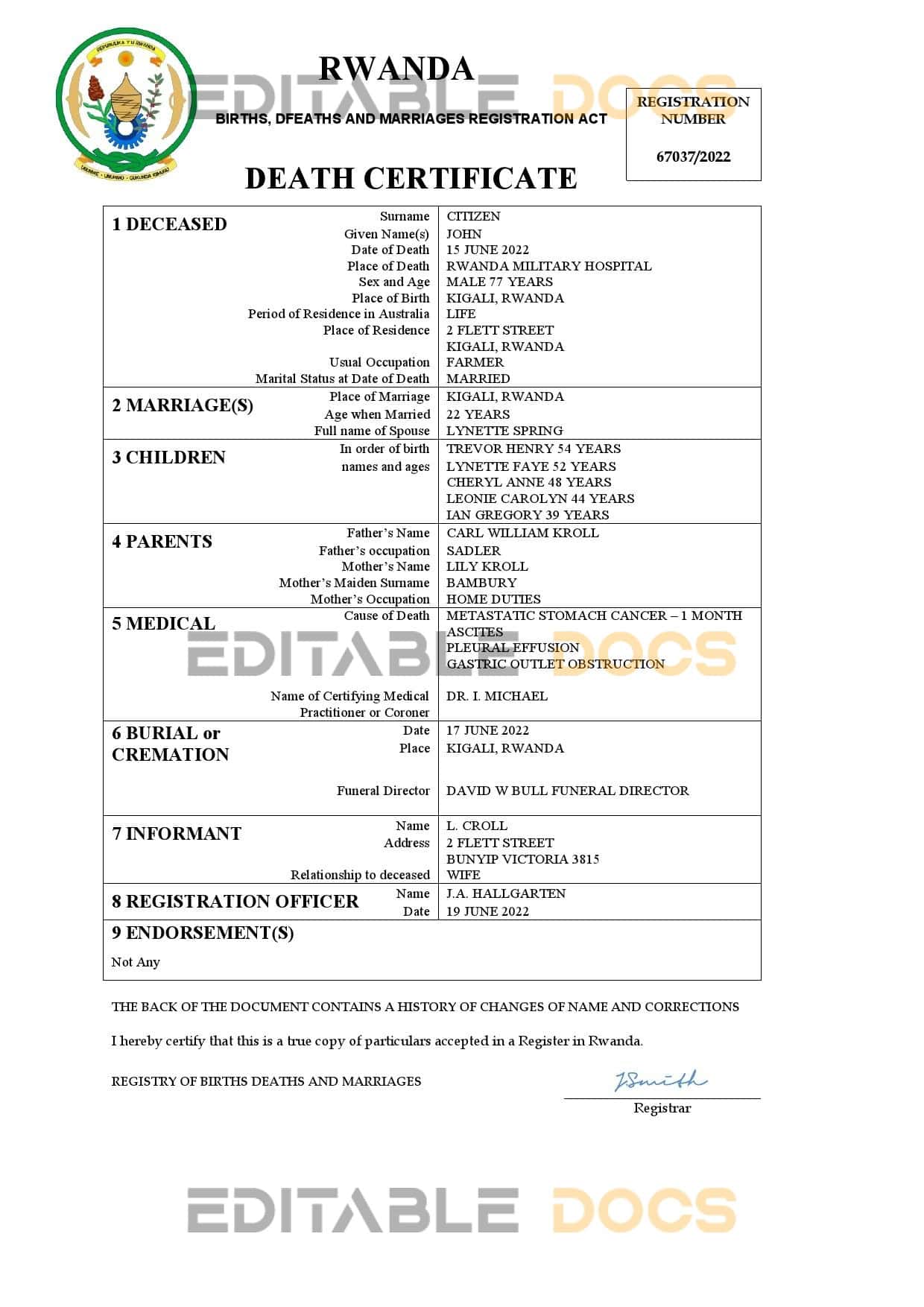 Rwanda vital record death certificate Word and PDF template Rwanda vital record death certificate Word and PDF template