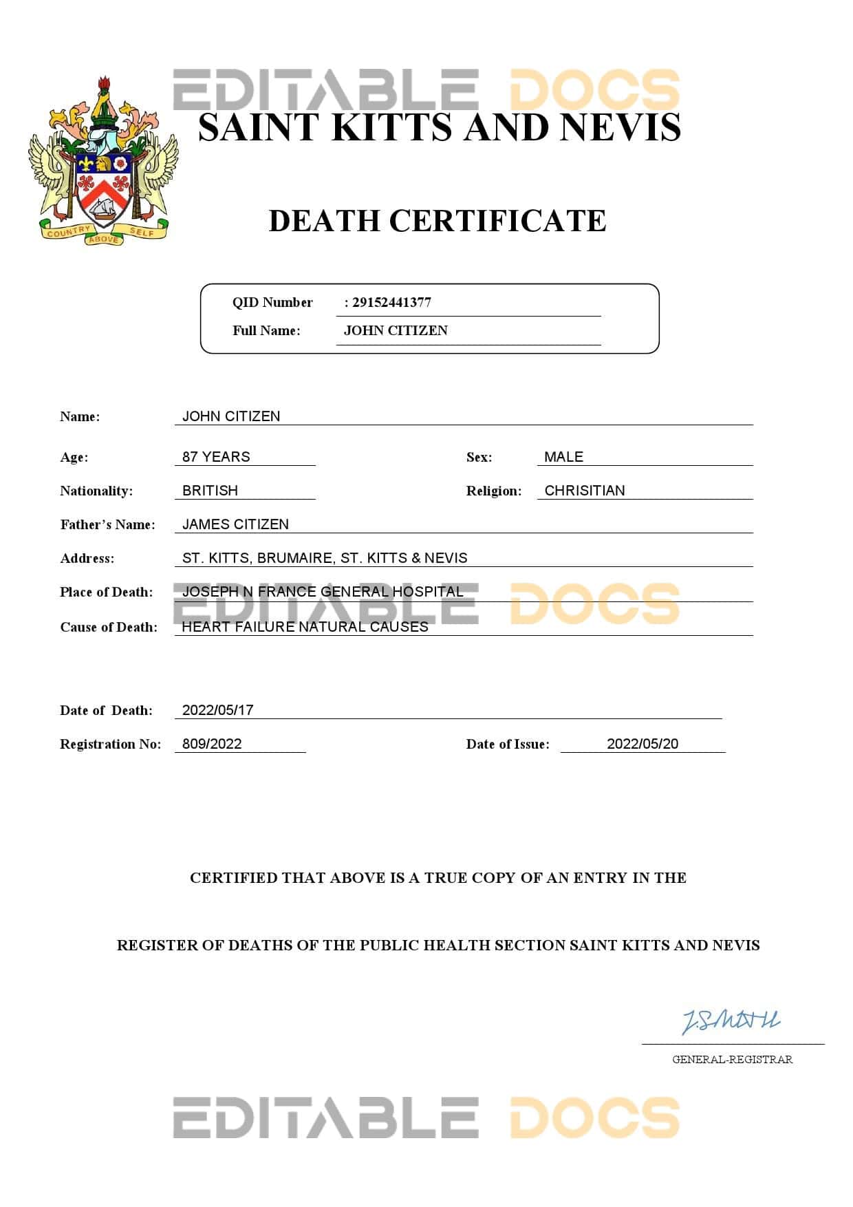 Saint Kitts and Nevis vital record death certificate Word and PDF template Saint Kitts and Nevis vital record death certificate Word and PDF template