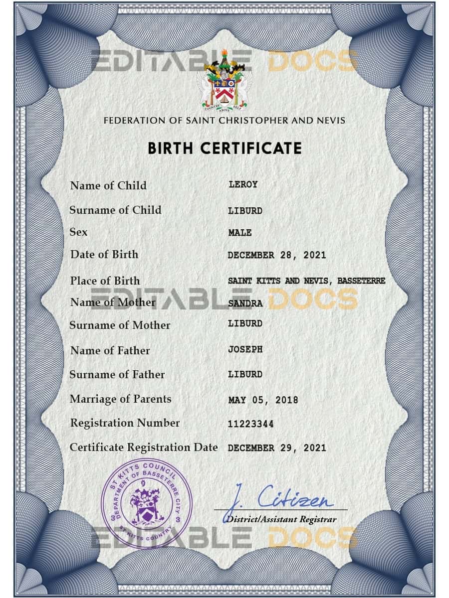 Saint-Kitts-vital-record-birth-certificate-PSD-template.jpg Authentic Saint Kitts Birth Certificate Template