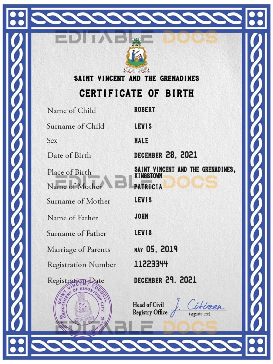 Saint Vincent and the Grenadines birth certificate PSD template Authentic Saint Vincent and the Grenadines Birth Certificate Template | Customize and Download Online