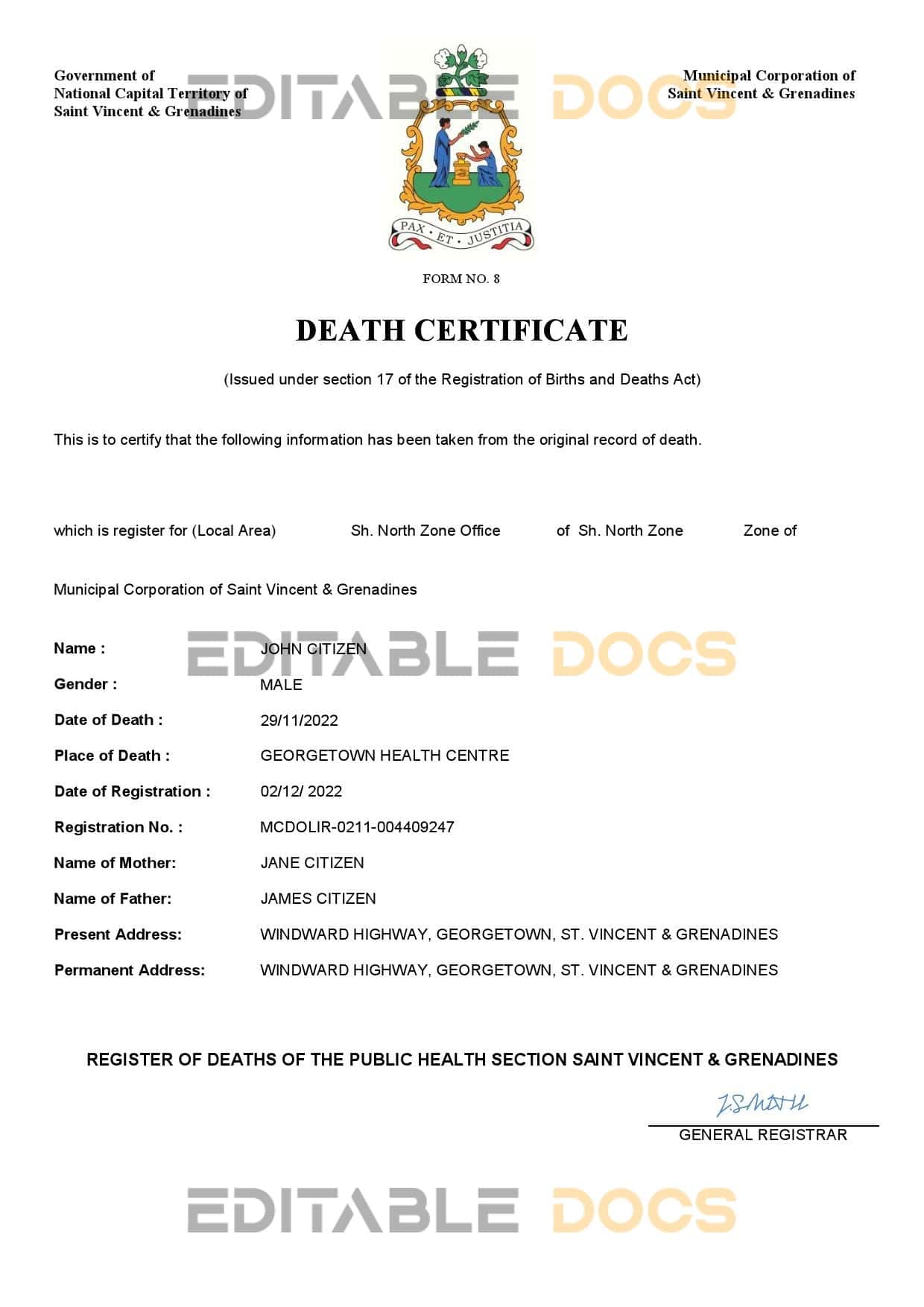 Saint Vincent and the Grenadines vital record death certificate Word and PDF template