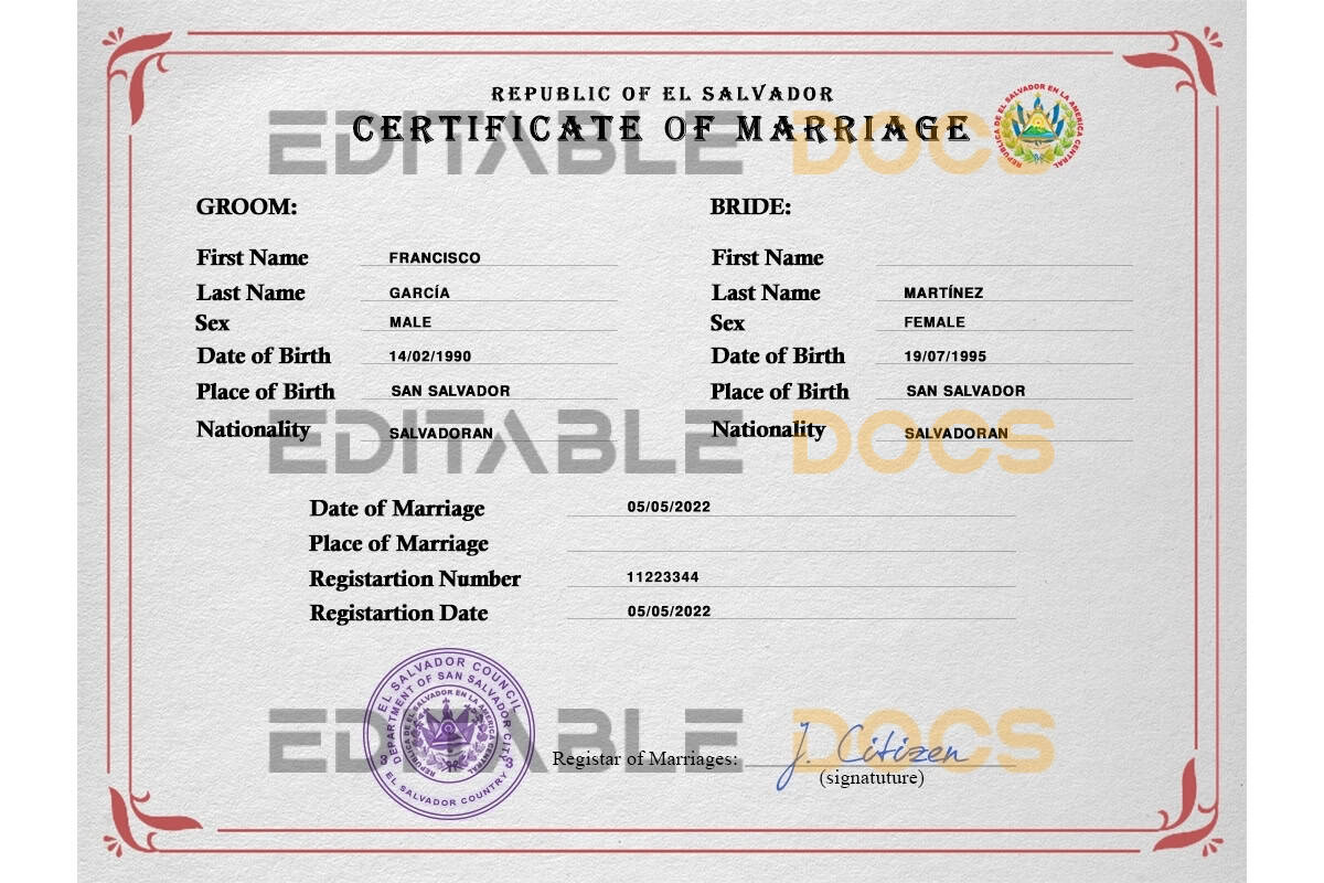 Salvador marriage certificate Word and PDF template